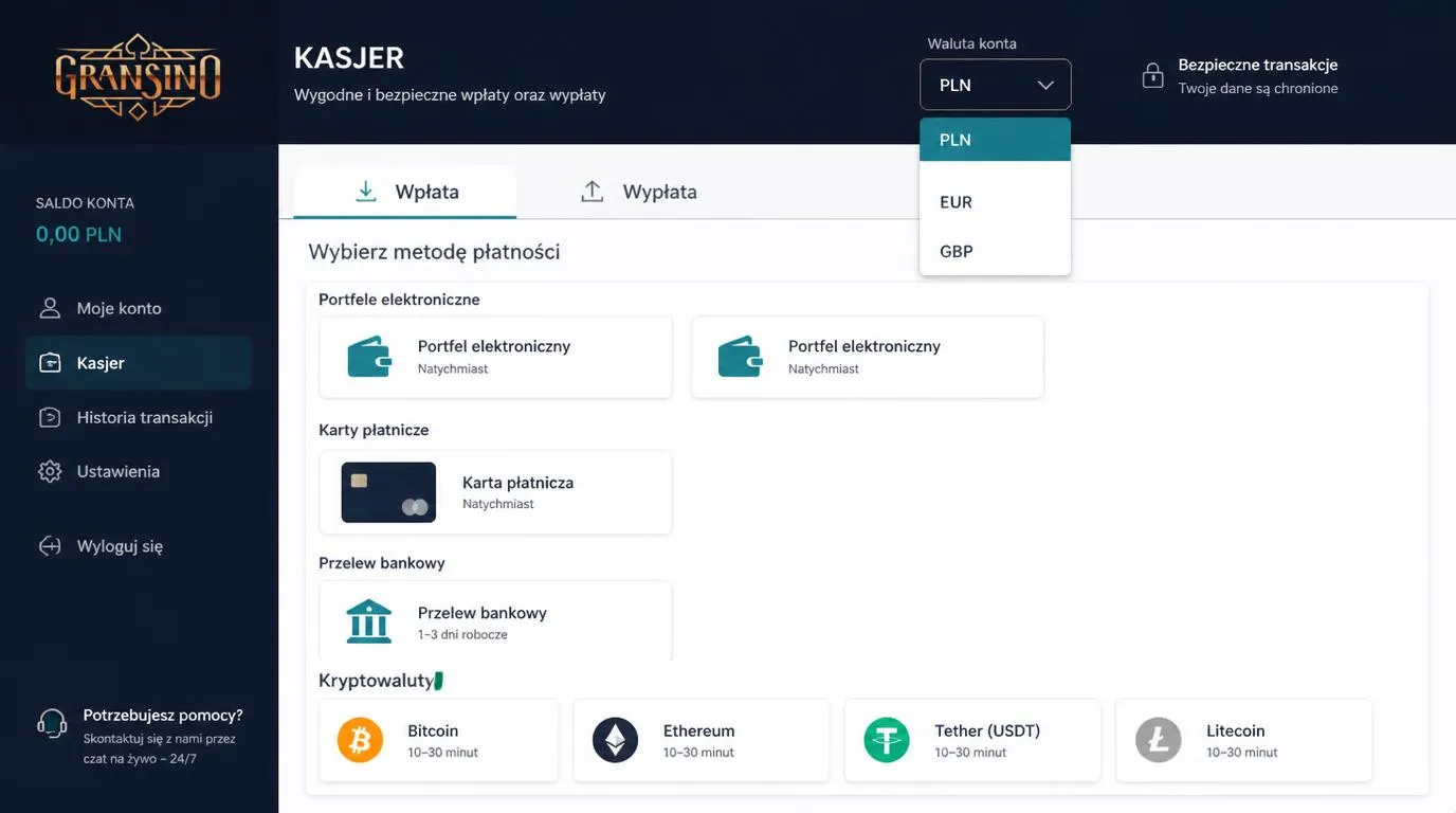 Panel kasy z metodami wpłaty i wypłaty, walutami PLN, EUR i GBP oraz orientacyjnym czasem realizacji