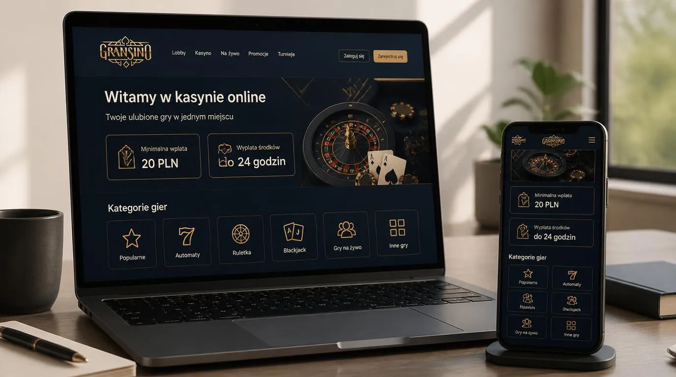 Ekran platformy kasynowej z wpłatą od 20 PLN, wypłatą do 24 godzin i wyborem gatunków gier