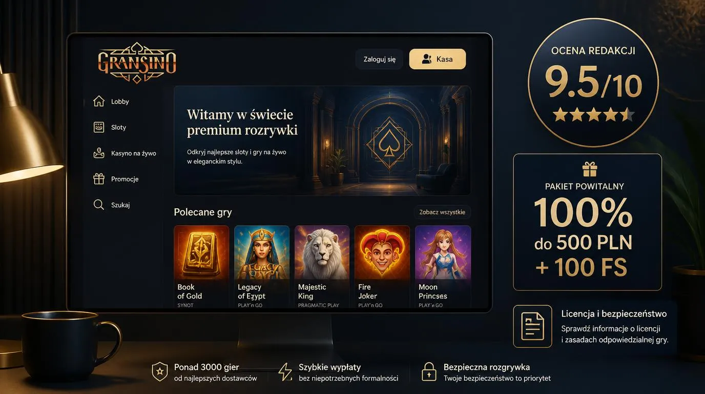 Ekran kasyna z oceną 9,5/10, ofertą 100% do 500 PLN i 100 FS oraz przyciskiem prowadzącym do kasy
