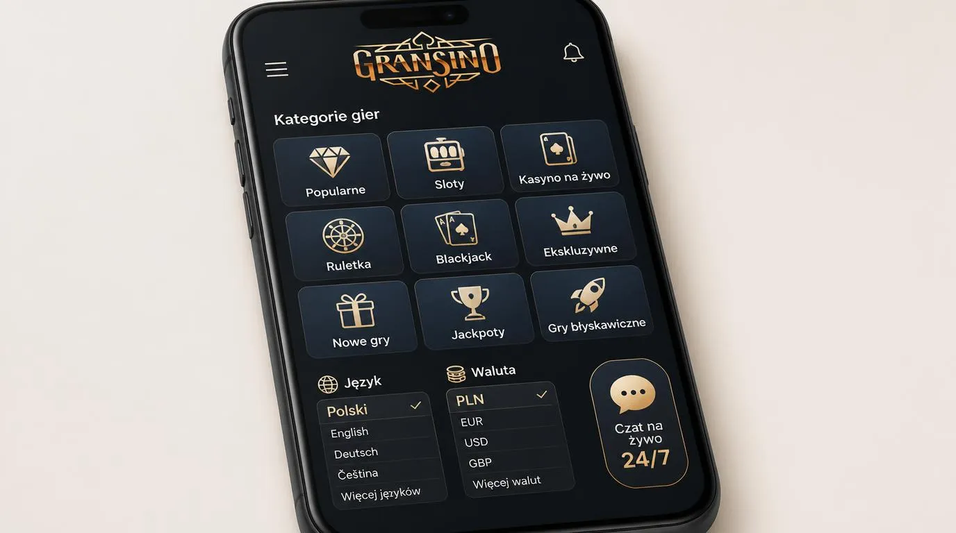 Widok kasyna na telefonie z kategoriami gier, czatem 24/7 oraz wyborem języka i waluty