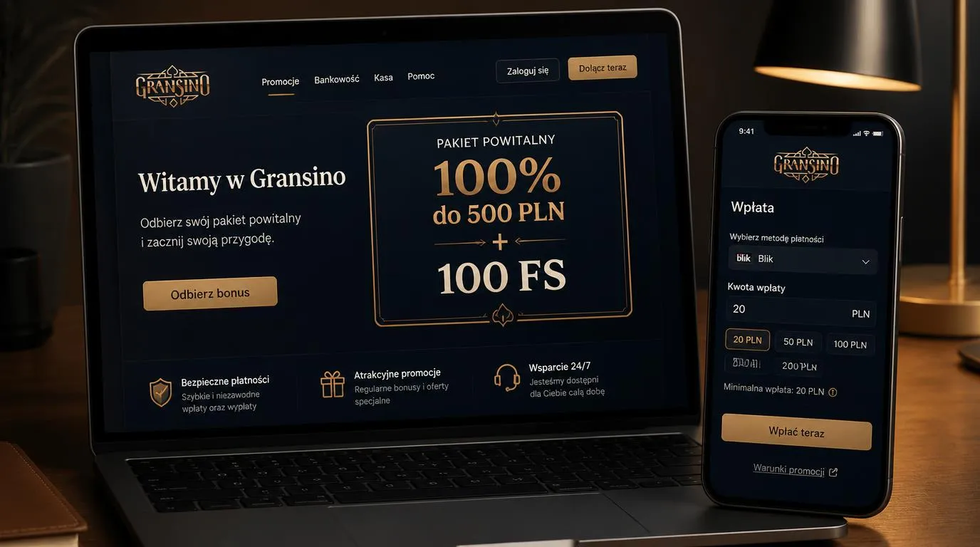 Ekran promocji kasyna z bonusem 100% do 500 PLN, 100 darmowymi spinami i informacją o wpłacie 20 PLN